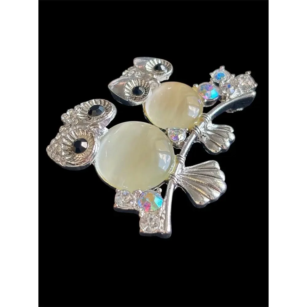 Vtg 1990 Napier Classic Jelly Belly Two Owls On A Branch Brooch Crystal Sparkle